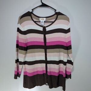 Talbots Striped Pink/Cream/Brown Cardigan Sweater Women's Medium